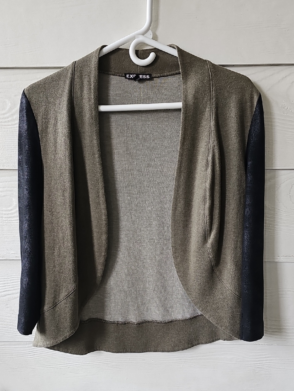 ​Express Olive Green Open Front Cardigan Black Faux Leather Sleeves Shrug S